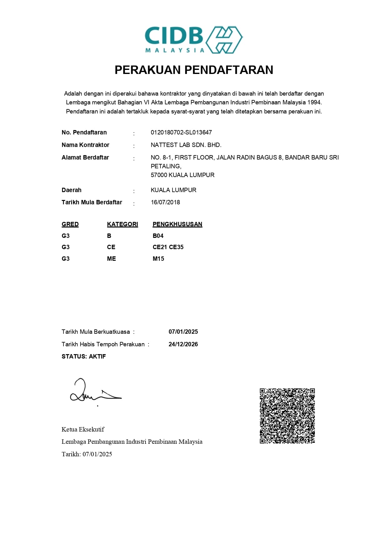 CIDB contractor registration — G3